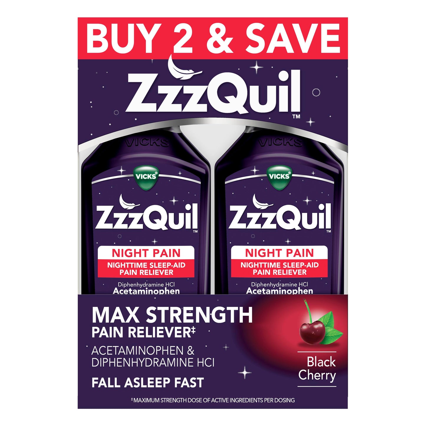ZzzQuil Liquid Max Strength Pain Reliever, Nighttime Sleep Aid Liquid, Acetaminophen 1000mg, Diphenhydramine 50mg HCI, Non-Habit Forming, Black Cherry Flavored, 2 Pack, 24 FL OZ