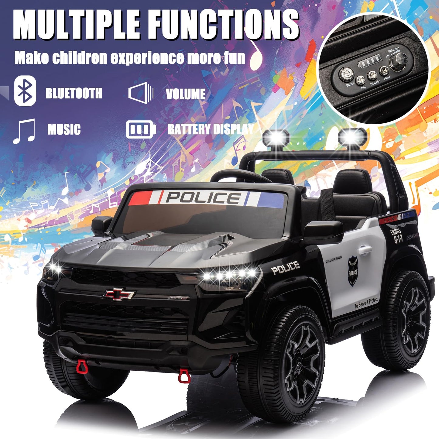Nitoess Police Car Ride On, 24V 4WD Kids Car Licensed Chevrolet Colorado, Toddler Car Ride on 2-Seater with Parent Remote, Police Ride on Toy with Music, Alarm Lights