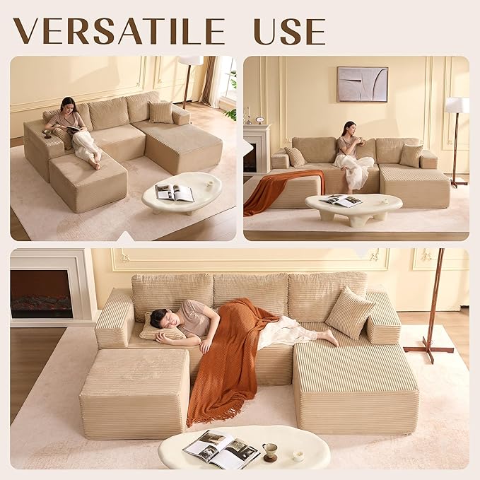 Afuson 107" Boneless Couch with Deep Seat, Modular Sectional Sofa, Cloud Sectional Couch for Living Room, No Assembly Required, Corduroy, U-Shape 3 Seater Right, Camel