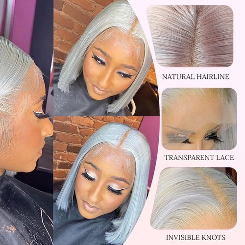 Valiilo 16 Inch Grey Bob Wig Human Hair 13x4 HD Lace Front Wigs Human Hair Pre Plucked with Baby Hair Glueless Bob Wig Human Hair 180% Density