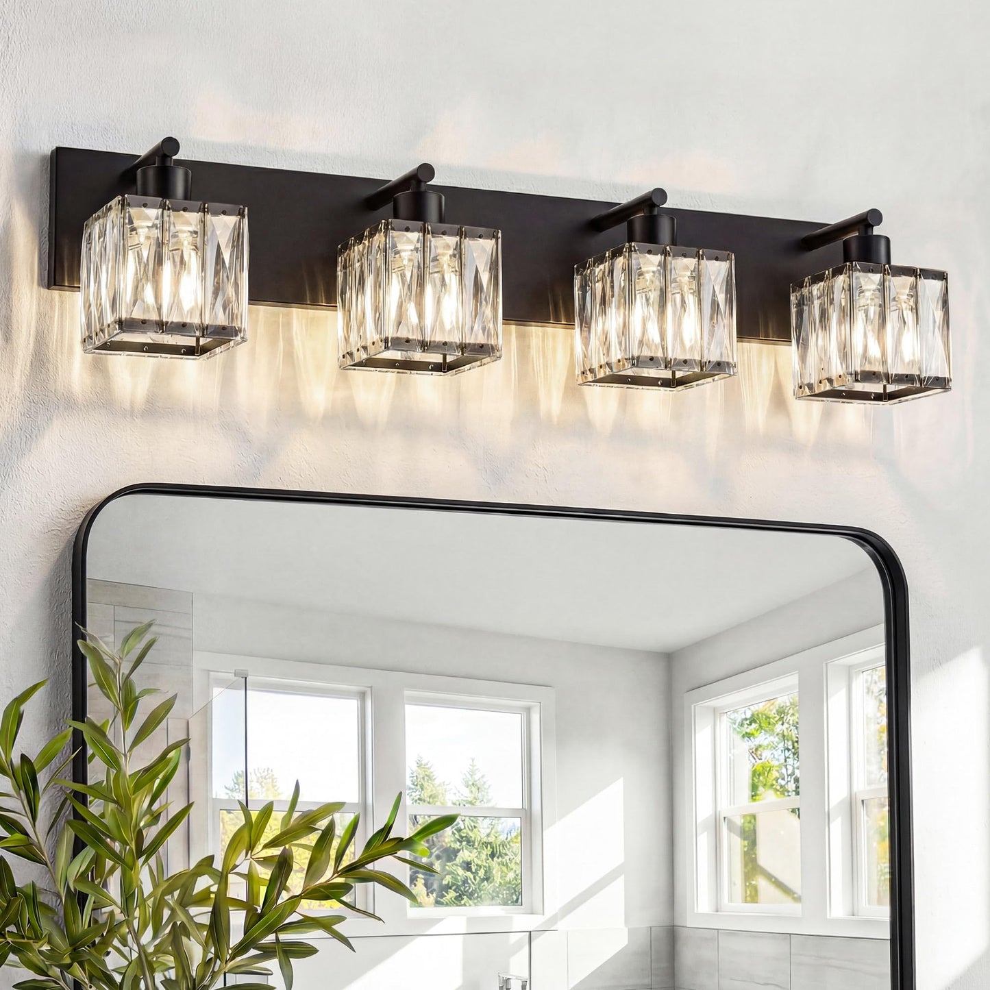 VOLISUN Black Bathroom Light Fixtures, Modern Bathroom Lighting Fixtures Over Mirror, 4 Light Bathrooms Vanity Light, Crystal Vanity Light for Bathrooms-UL Certificated(Exclude Bulb)
