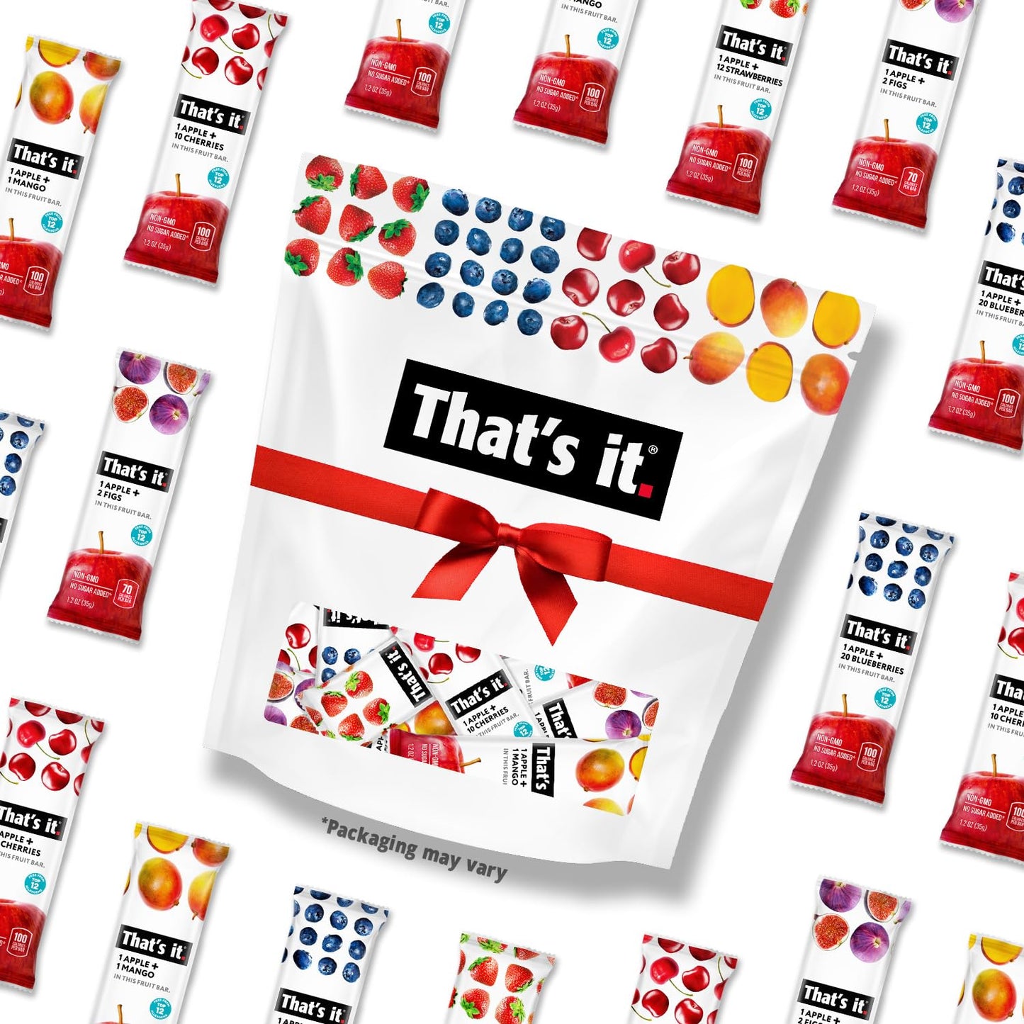 That's it. Fruit Bars Snack 20 Pack - 100% All Natural Gluten-Free Vegan Low Carb Snacks - Healthy Fruit Snacks Variety Pack Strawberry, Mango, Blueberry, Cherry, Fig Bars