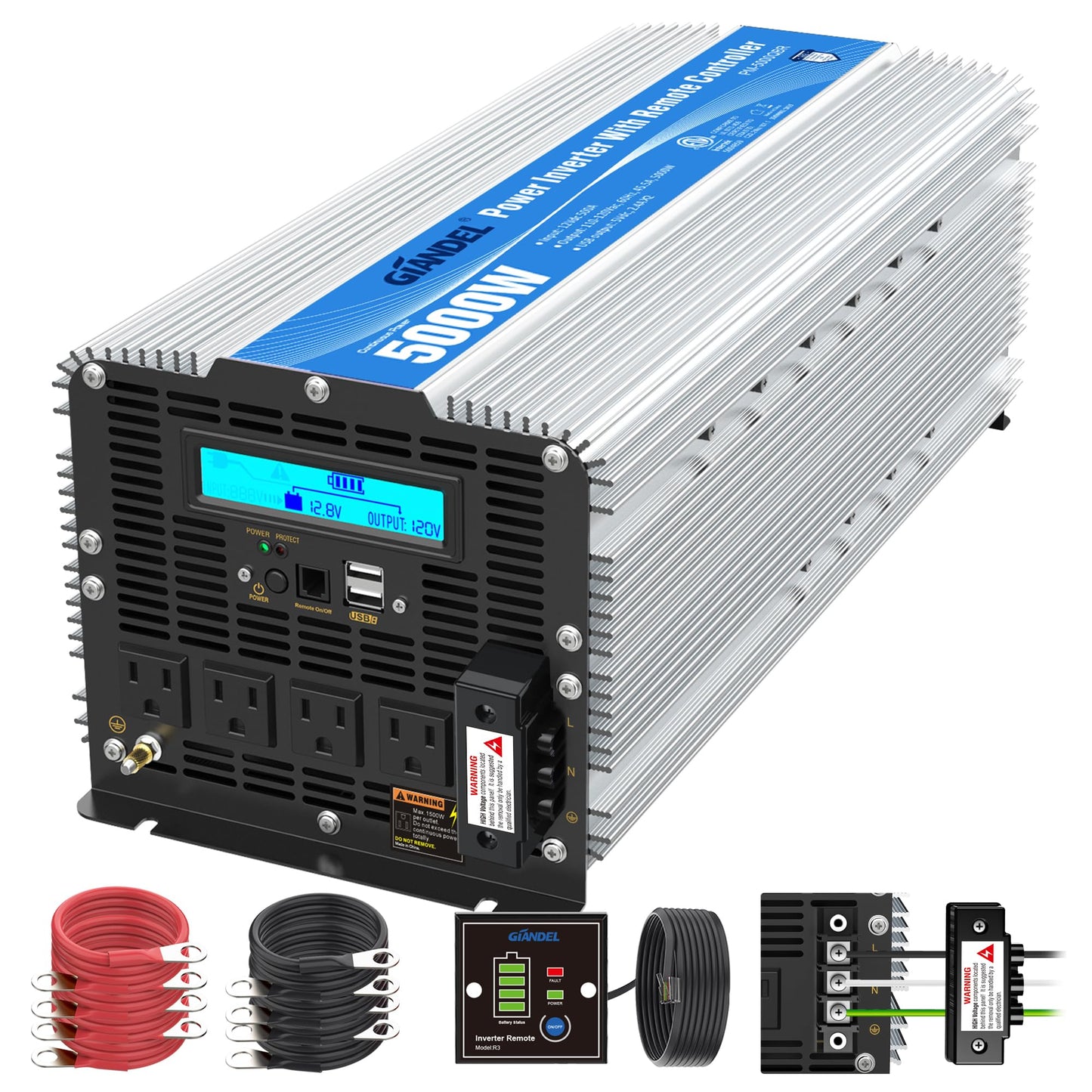 5000Watt Power Inverter Etl Ul458 Listed Inverter 5000 W Converts 12V To 120 Vac With 40 Amps Hardwire Terminal And 4 Ac Sockets