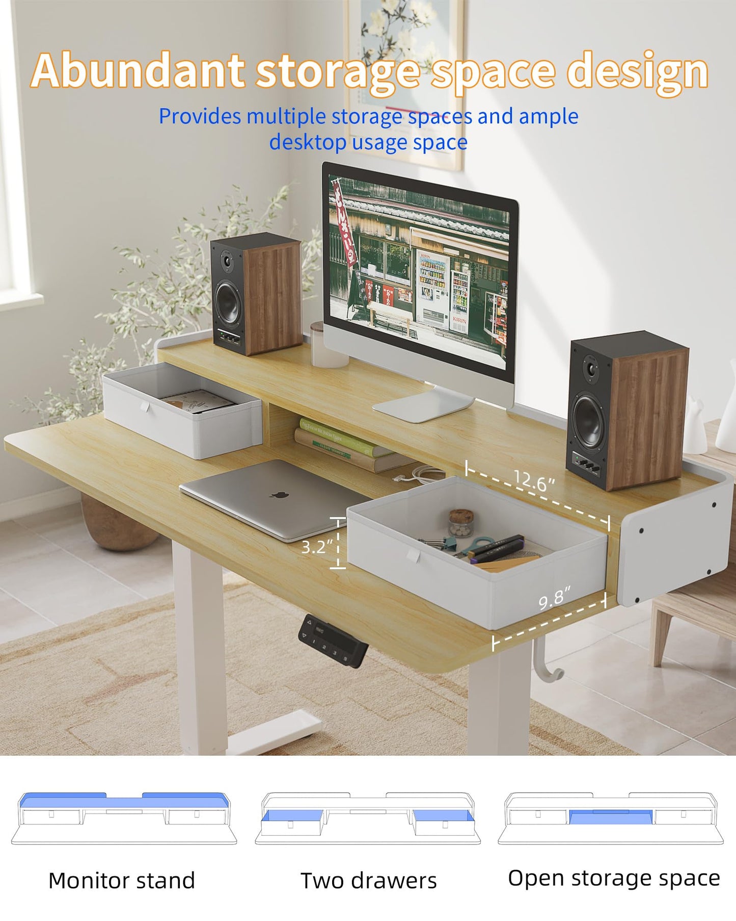 YIHAYO Electric Standing Desk with Drawers, 40 x 24 Inches Adjustable Desk with Storage Shelf, Stand Up Desk with Splice Board, Computer Table for Home Office, White Frame/Natural Top