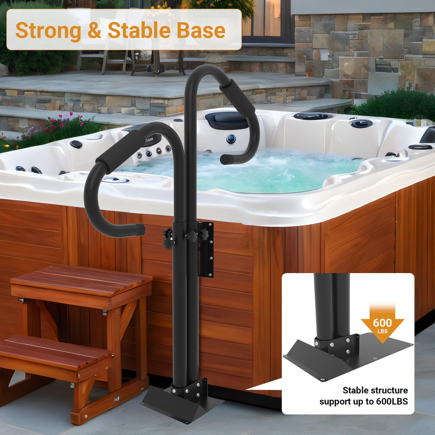 Neorexon Two-Way Hot Tub Handrails, 38"-58" Adjustable Height SPA Handrail w/360 Swivel Option, Hot Tub Railing to Get in and Out, 600LBS SPA Side Handrail w/Slide Under Mount Base for Indoor&Outdoor