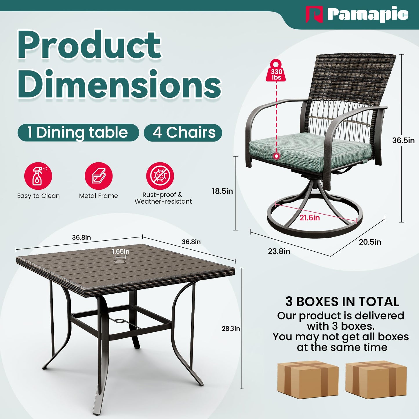 Pamapic 5 Piece Patio Dining Set for 4,Outdoor Wicker Furniture Set for Backyard Garden Deck Poolside with 4 Cushions Swivel Rocker Chairs, Square Iron Slats Table Top, Removable Cushions(Green)
