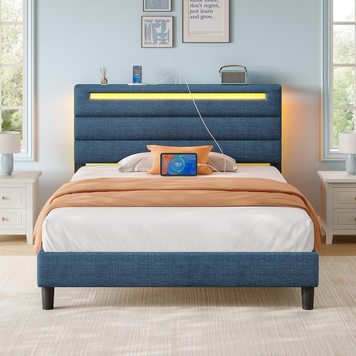 Rolanstar Twin Size Bed Frame, Storage Headboard with Charging Station and LED Lights, Upholstered Bed with Heavy Duty Wood Slats, No Box Spring Needed, Noise Free, Easy Assembly, Blue