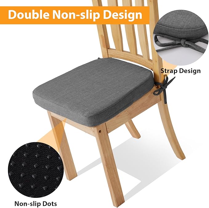 Ruqmuis Chair Cushions for Dining Chairs, 2" Thick Seat Cushions for Kitchen Chairs, D-Shaped Chair Pads with Washable Cover, Ties and Non Slip Backing, 17'' x 16'', Set of 4, Dark Grey