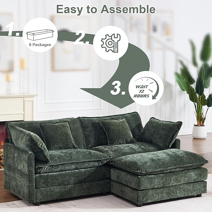 KIVENJAJA Chenille L-Shaped Modular Sectional Sofa, Modern Loveseat Comfy Deep Seat Cloud Couch with Ottoman/Chaise & 4 Pillows for Living Room Office Apartment, 76.7" W, Green