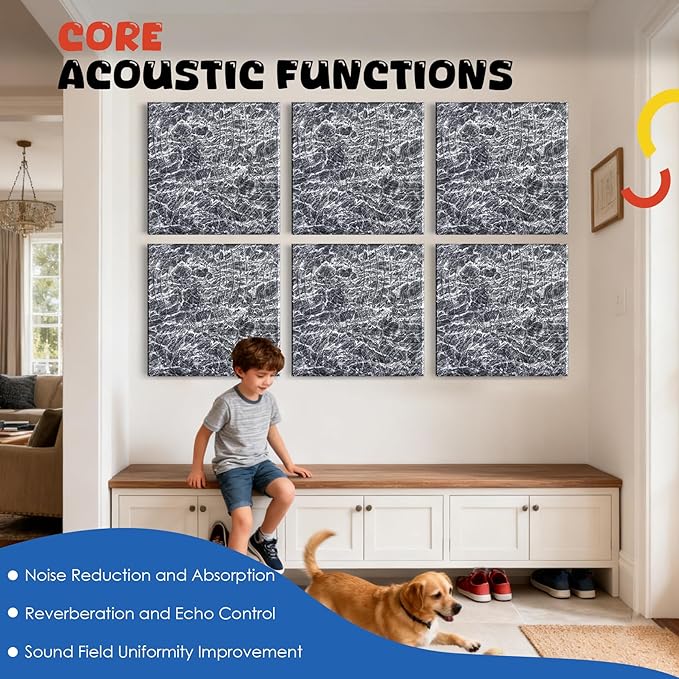 EVENRISING Acoustic Wall Panels 6 Pack, 24"x24"Decorative Art Soundproof Panels, Sound Absorbing Self-Adhesive Panel, Acoustic Treatment for Studio, Home Theater, Office (Storm AuraGrain)
