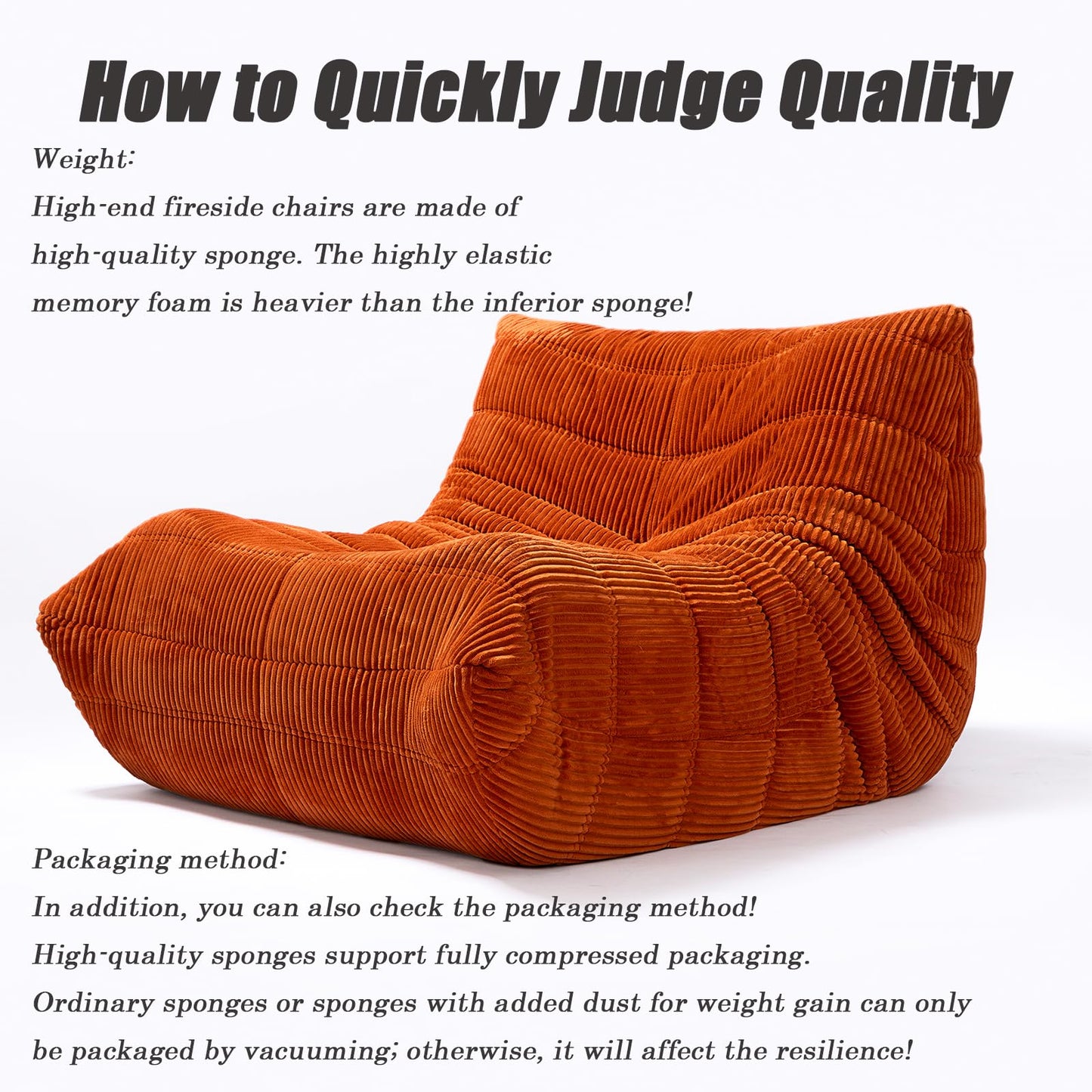 CXC Orthopedic Memory Foam Bean Bag Chair - Fireside-Ready Floor Sofa with Non-Slip Base for Game Room, Cozy Living Rooms & Back Pain Relief (Valencia-Orange, Velvet)