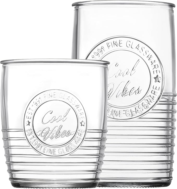 Le'raze Set of 8 Original Mason Drinking Glasses 4-18oz. Highball Tumbler Glasses, and 4-13oz. Whiskey Glass Cups for Ever...