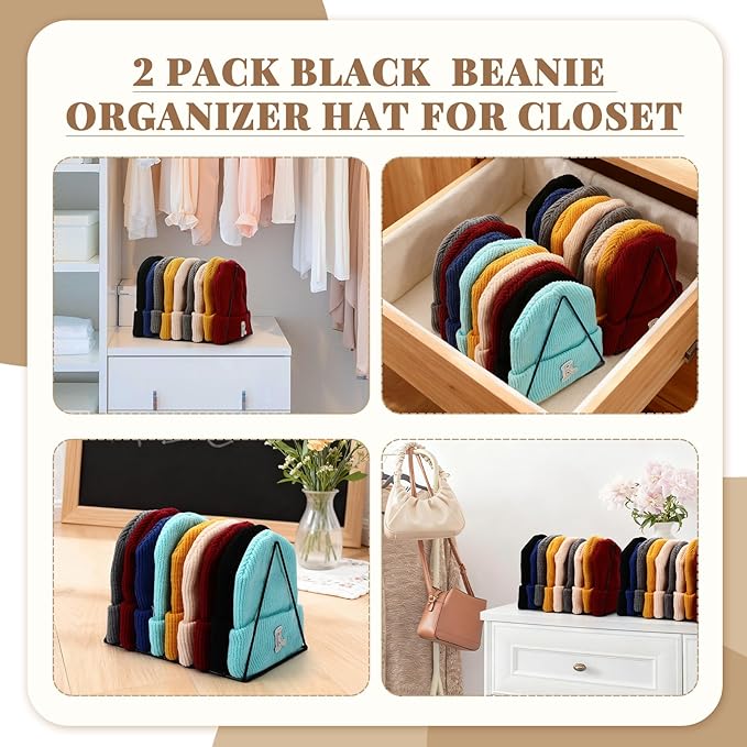 Kathfly 2 Pcs Beanie Organizer Holder Metal Hat Display Rack Beanie Storage Hat Display Stand for Winter Cap Entryway Tabletop Bedroom Closet Dresser Room Office(Black)