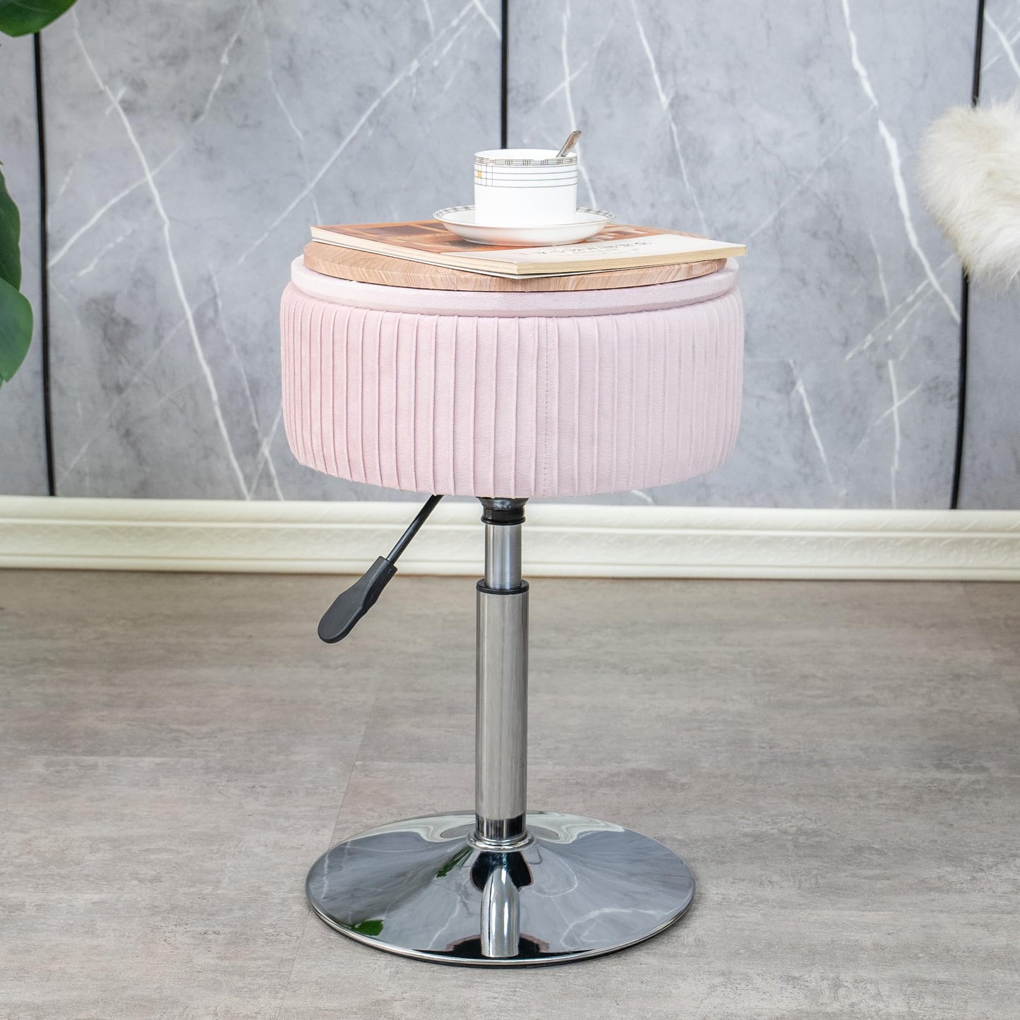 LITZFUR Pink Vanity Stool for Makeup Room, Round Storage Ottoman Height Adjustable Velvet Vanity Chair, 360° Swivel Footrest for Living Room Bedroom
