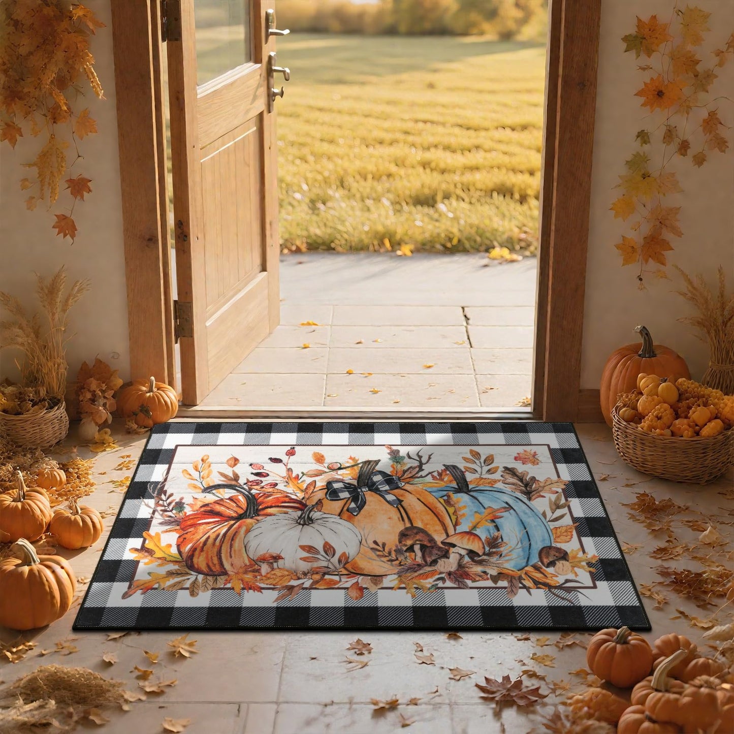SHACOS Fall Orange and Blue Pumpkin Rugs 32x48 Buffalo Plaid Leaves Autumn Harvest Front Door Mat Non-Slip Entrance Floor Mat Thanksgiving Day Decorations for Home, 2'8" x 4'