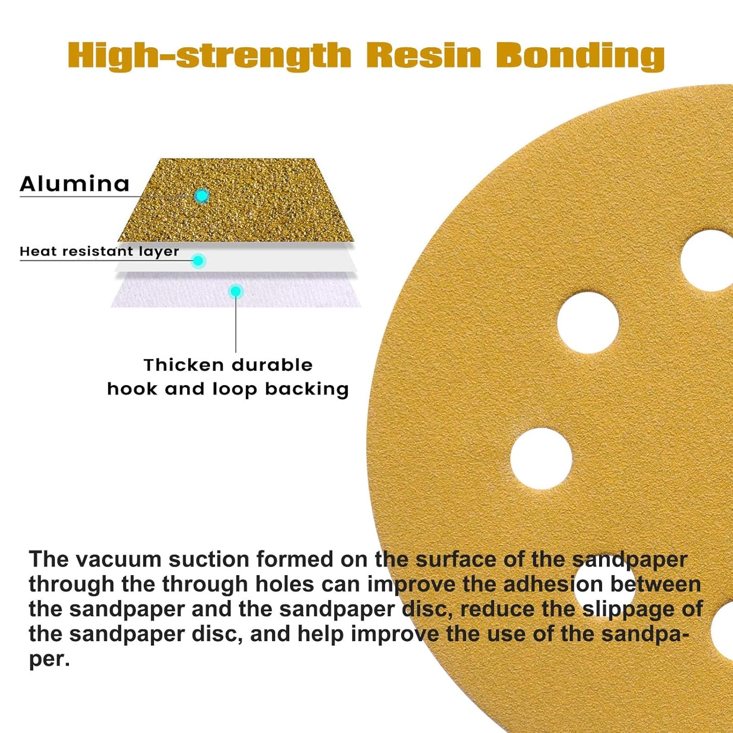 100PCS 5 Inch 8 Hole Sanding Discs 80 Grit,Gold Round Hook and Loop Sandpaper for Random Orbital Sander