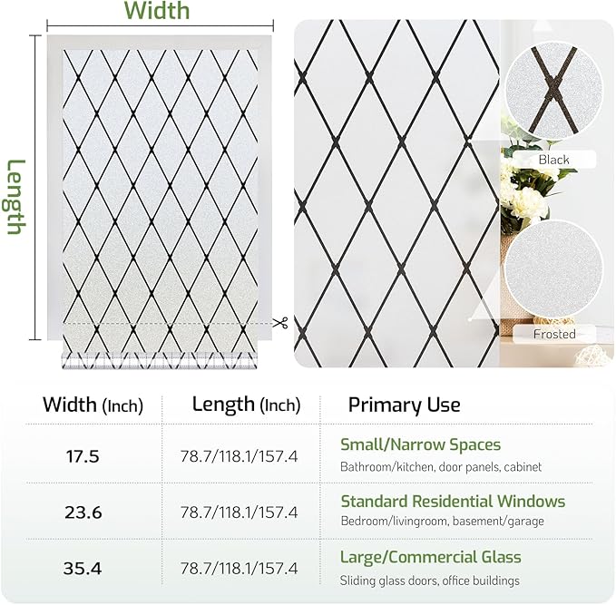 LUTE Frosted Window Privacy Film, Static Cling UV Sun Blocking Heat Control Window Cover, Removable Non-Adhesive Glass Sticker Vinyl Decorative Bathroom Frosting Decals, Black Lattice, 17.5" x 157.4"