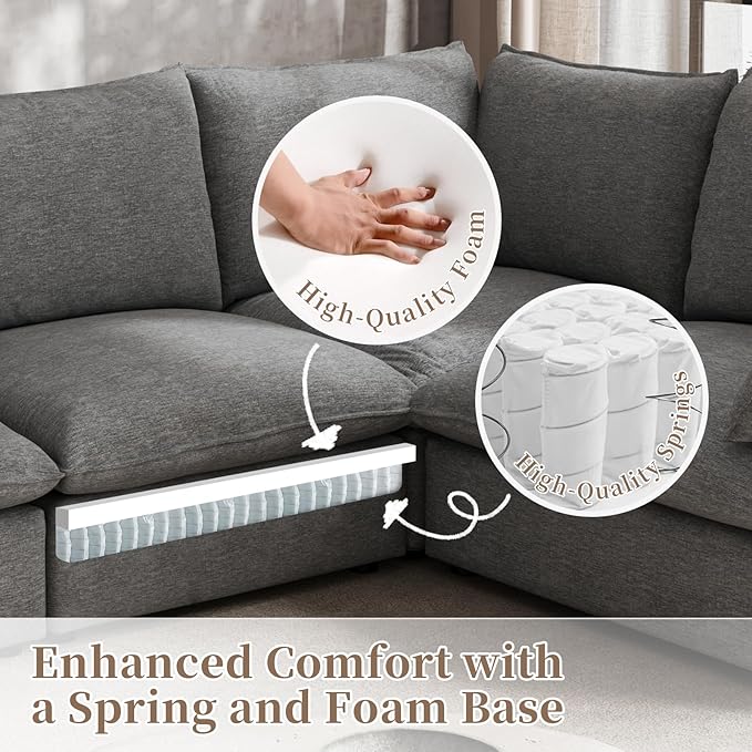 Gtilzria Waterproof Cloud Sectional Couches,High Backrest Down Filled Sofa for Living Room,94.5" Modular Sofas L-Shaped with Ottoman,Detachable Couch Covers,Dark Grey
