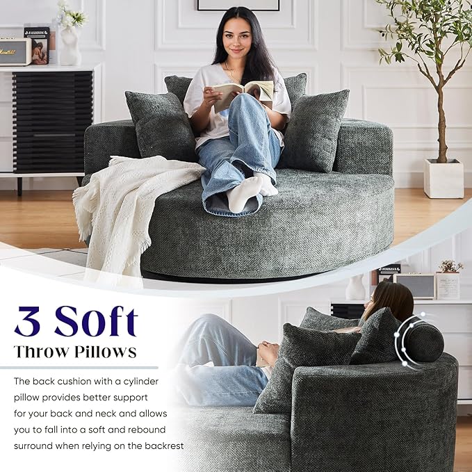 Oversized Round Swivel Chaise Longue Chair Indoor, Modern 55-inch 360 Degree Swivel Upholstered Waffle Chenille Deep Seat Circle Single Cloud Sofa Chair for Living Room Bedroom Apartment Office, Green