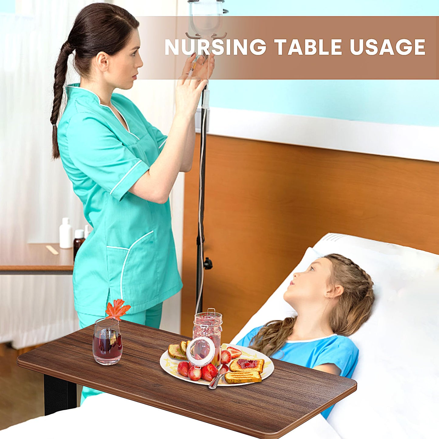 NIUTN Overbed Bedside Table with Wheels, Adjustable Hospital Bedside Desk, Rolling Laptop Table, Mobile Standing Desk