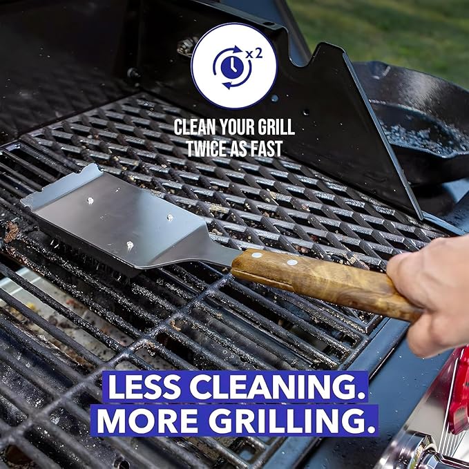 Leebein Brush and Scraper for Barbecue – Grill Brush for Outdoor Grill with Extended, Large Wooden Handle and Replaceable Stainless Steel Bristles Head