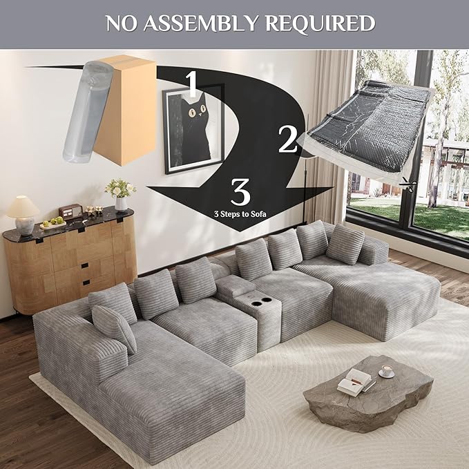 Modular Sectional Sofa with USB Cup Holders Storage, 143" U Shaped Cloud Couch Plush Corduroy Deep Seat Boneless Sofas with Double Chaise Lounge Sectional Couches Memory Foam for Living Room - Grey