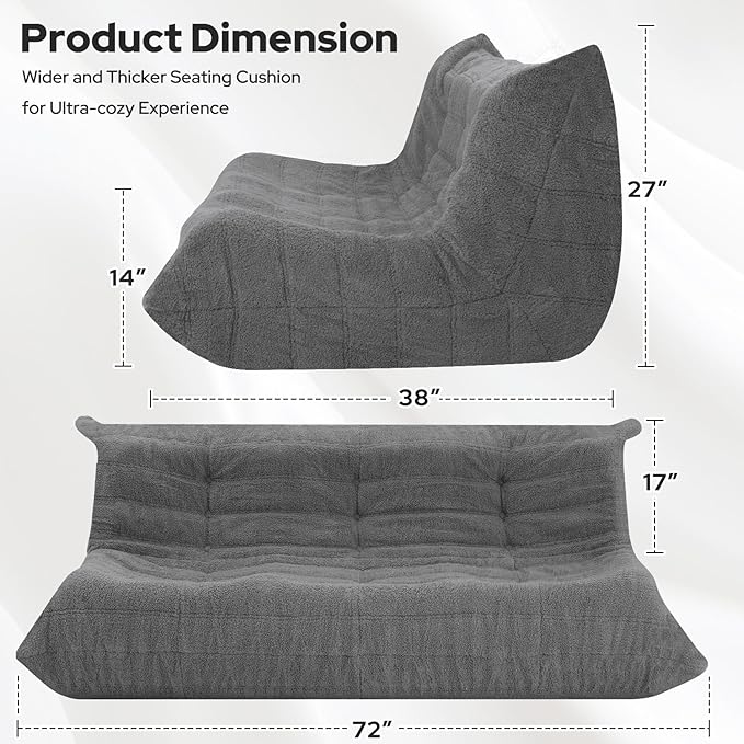 HABUTWAY Bean Bag Chairs Fireside Lazy Floor Sofa, Soft Teddy Fleece 3 Seater Sofa with High-Resilience Foam Filling，Beanbag for Living Room, Bedroom, Office (Dark Grey Teddy)