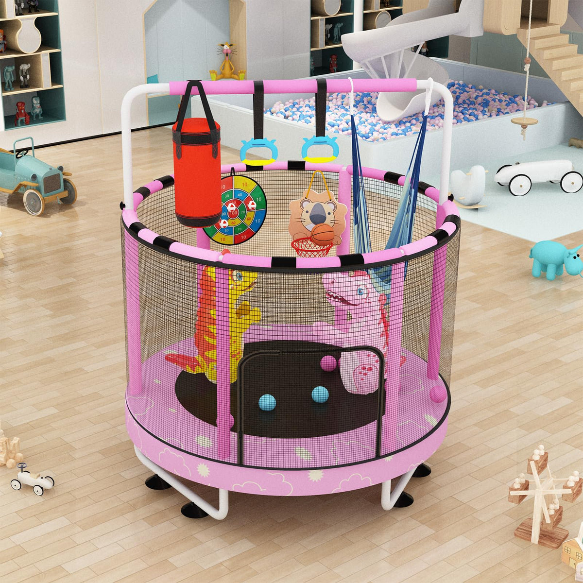 Lamerge 55" 7-in-1 Toddlers Trampoline for Kids, Upgrade Mini Trampoline with Safety Net, Indoor＆Outdoor Toy for Kids 3-8, 500lbs Capacity Trampoline for Boys & Girls, Adjustable Height – Pink Cloud