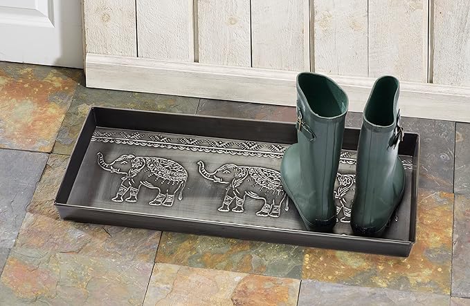 HF by LT Elephants Pattern Metal Boot Tray, 30 x 13 inches, Antique Zinc Finish