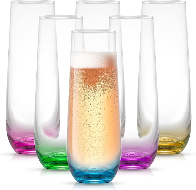 JoyJolt Hue Stemless Champagne Flutes Set of 6 Colored Glasses, 9.5oz Cocktail Glass Set for Mimosa, Stemless Champagne Gl...
