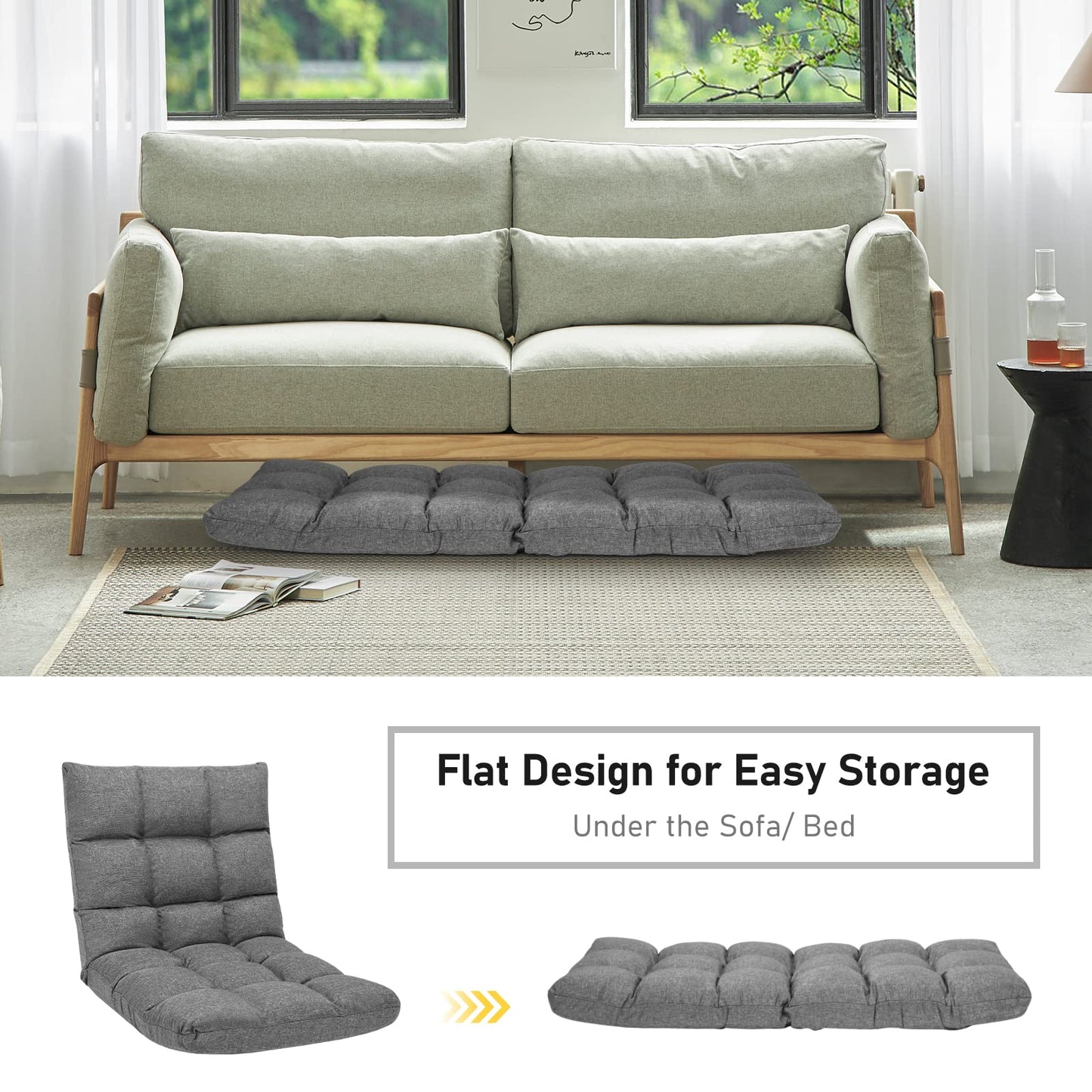 COSTWAY Floor Chair, Folding Gaming Chair with Back Support, 14 Adjustable Positions, Alloy Steel Frame, Lazy Sofa Lounge for Playing Reading Meditating Room Recliner for Adults, Kids (Gray)
