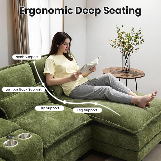 125" U Shaped Cloud Modular Sectional Couch for Living Room, Small Comfy Chenille Sofa with Double Chaise Lounge, Storage Central Console, Cup Holders, USB Port,Green