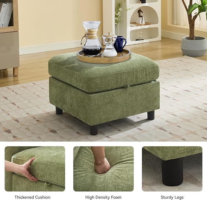 WUTUTUEE 25" Square Storage Ottoman for Modular Sectional Sofa, Convertible Couch Footrest with Hidden Compartment, Chenille Upholstered Coffee Table & Extra Living Room Seating, Green
