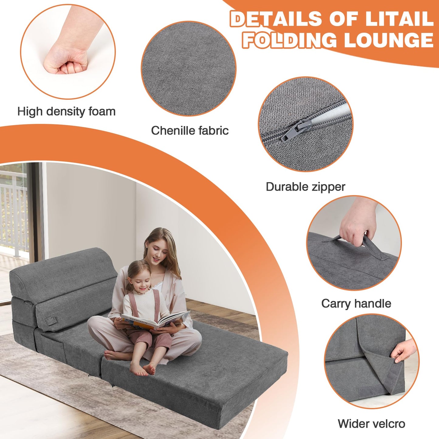 LitaiL Comfy Folding Sofa Bed - Grey Convertible Sleeper Sofa Fold Out Sleeper Chair Couch for Living Room Bedroom Guest, Foldable Floor Chair Lounger Mattress with Back Support for Travel, Camping