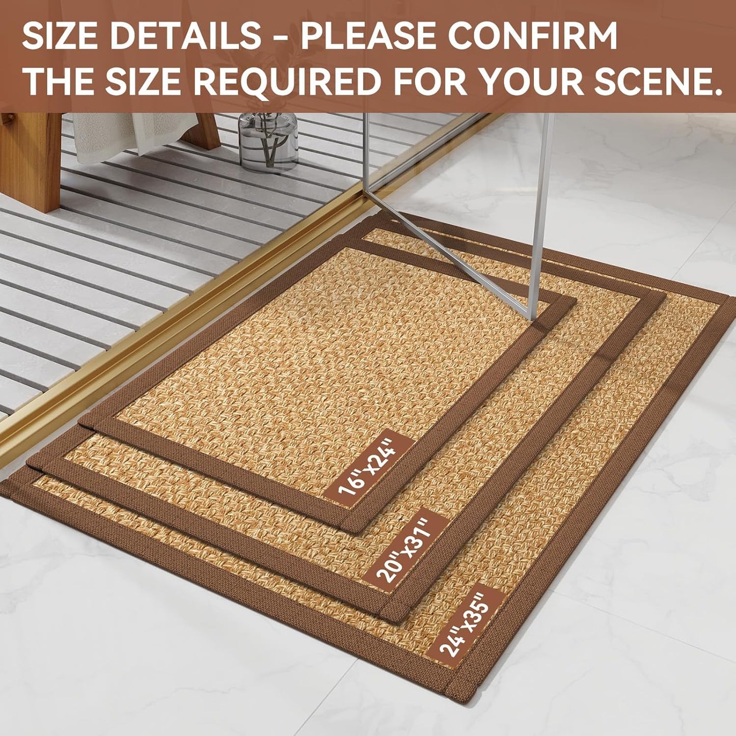 Ultra Thin Quick Dry Bathroom Rugs Mat 24x35, Non Slip Bath Mat for Bathroom Absorbent Mat Floor Rubber Backed Fit Under Door, Woven Washable Bath Rugs, Brown