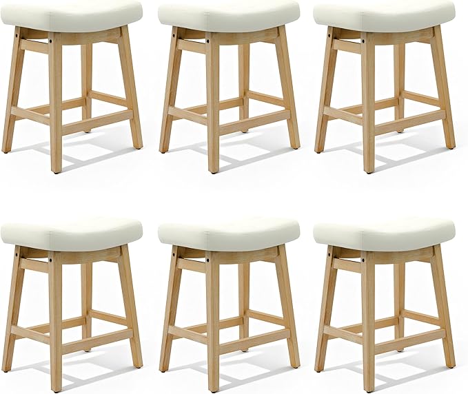 RNKSFX Counter Height Bar Stools Set of 6 for Kitchen Counter Backless Farmhouse Kitchen Island Barstools with Upholstered Faux Leather Saddle Seat and Solid Wood Legs Modern 24 inch Bar Chairs, White