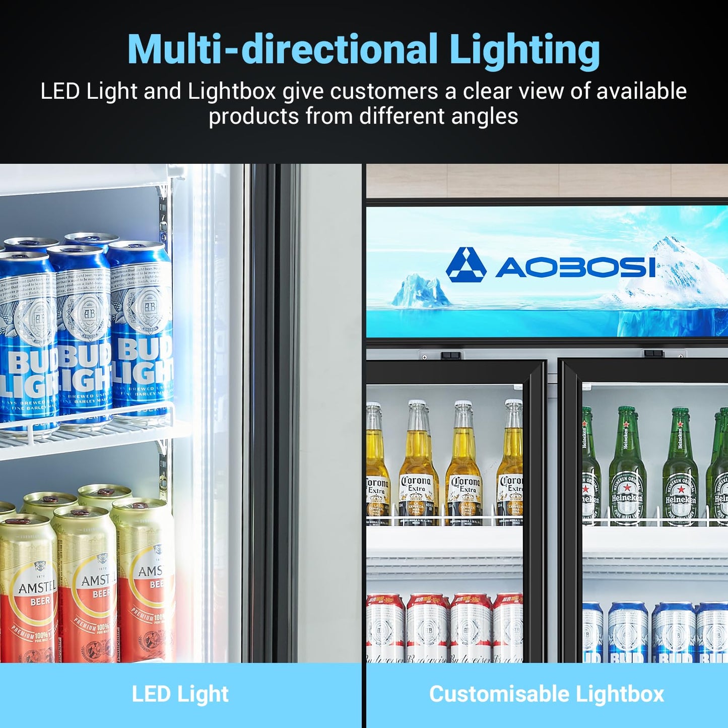 AAOBOSI 50" Wide Commercial Merchandiser Refrigerator,36.8 Cu.Ft Glass Door Display Refrigerator,Upright Beverage Fridge with Soft LED Light,Customizable Lightbox,Universal Casters, Adjustable Shelves