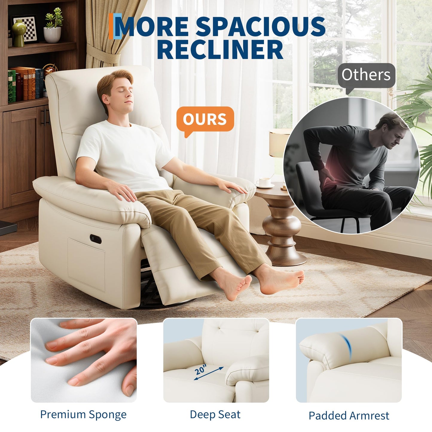 GarveeHome Recliner Chair, 360° Swivel Rocker Glider Nursery Chair with Padded Armrest and Deep Seat, PU Leather Upholstered Reclining Sofa Chair for Living Room, Bedroom and Nursery (Cream)