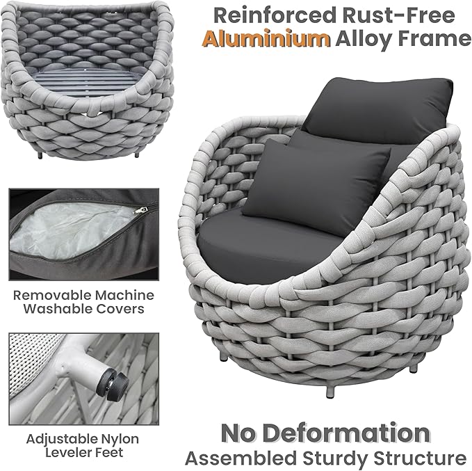 Erotr 3 Pieces Aluminum Patio Furniture Sofa Sets: Hand Woven Rope Outdoor Conversation Set of 2 - Assembled Modern Cushions Couch Armchair Table Set - All Weather for Indoor Deck Porch Pool Hotel