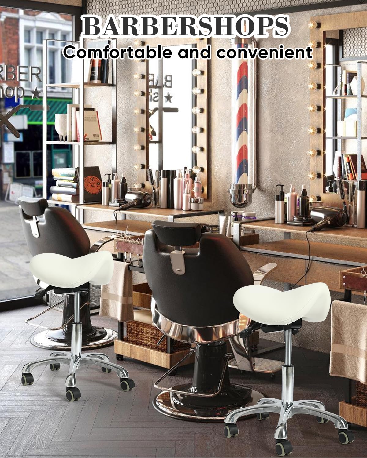 Ergonomic Saddle Stool, Thick Memory Foam Height Adjustable Rolling Chair with Silent Casters & Heavy Duty Aluminum Base, Swivel Tilt Seat No Backrest for Tattoo Salon Office Bar Home Desk, White