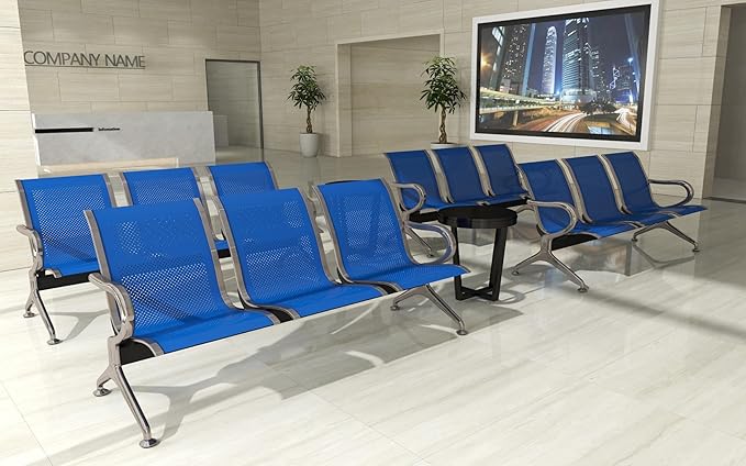 Kinsuite Set of 2 Waiting Room Chairs with Arms - 3-Seat Airport Reception Bench, Lobby Bench Seating for Business Hospital Market, Blue
