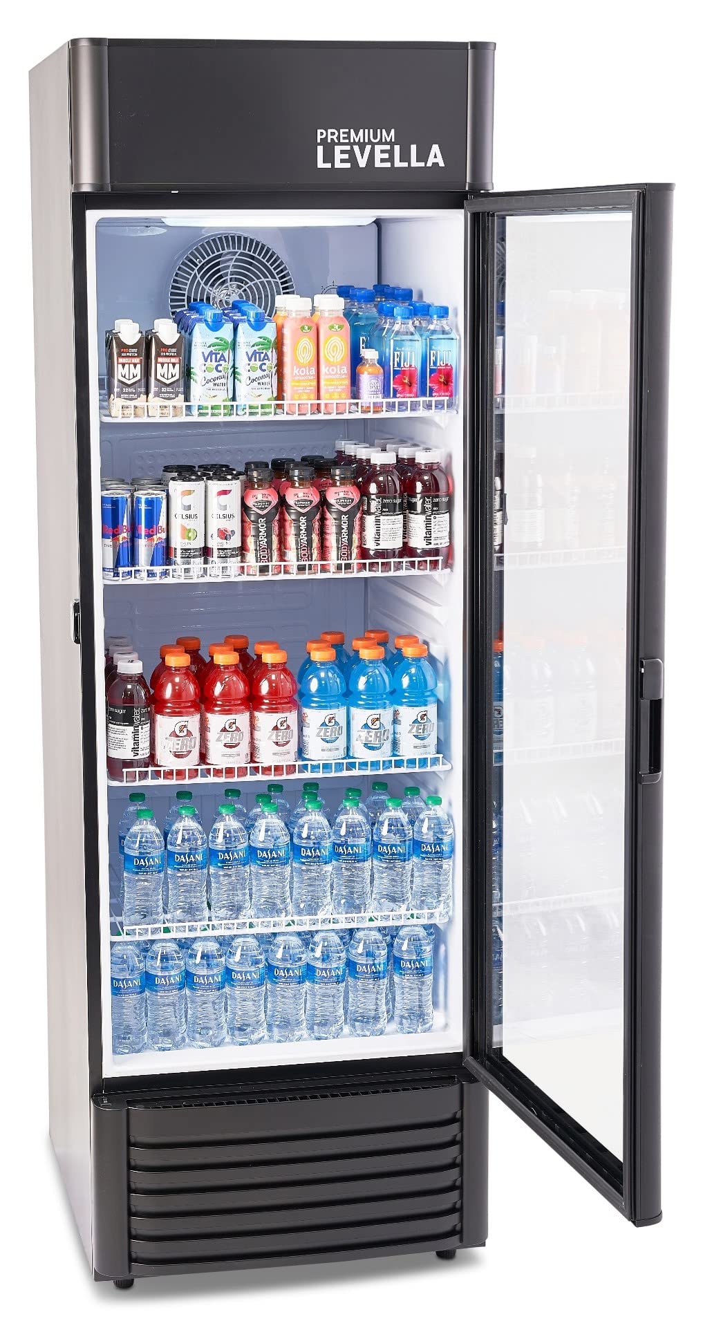 PremiumLevella PRF1557DX Glass Door Display Refrigerator 15.5 cu ft Commercial Beverage Cooler Merchandiser With Customizable Lightbox - Black