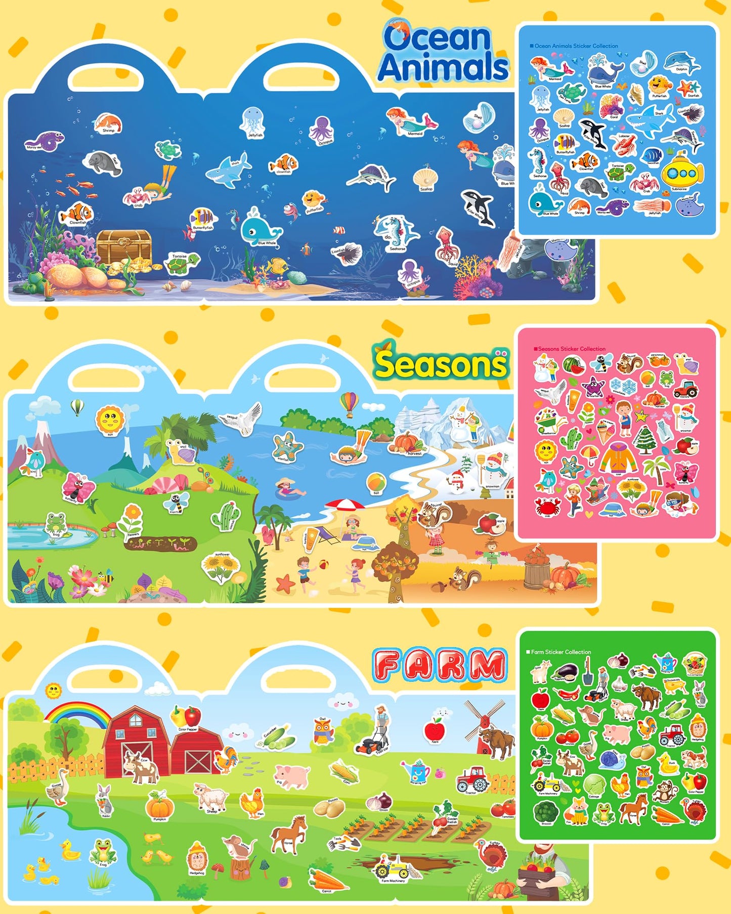 Benresive Reusable Sticker Book for Toddlers 2-4 Years, 3 Sets Travel Stickers for Kids, Waterproof Sticker Books for Toddlers 1-3, Crafts Activities for Todddlers 1-3 2-4 3-5