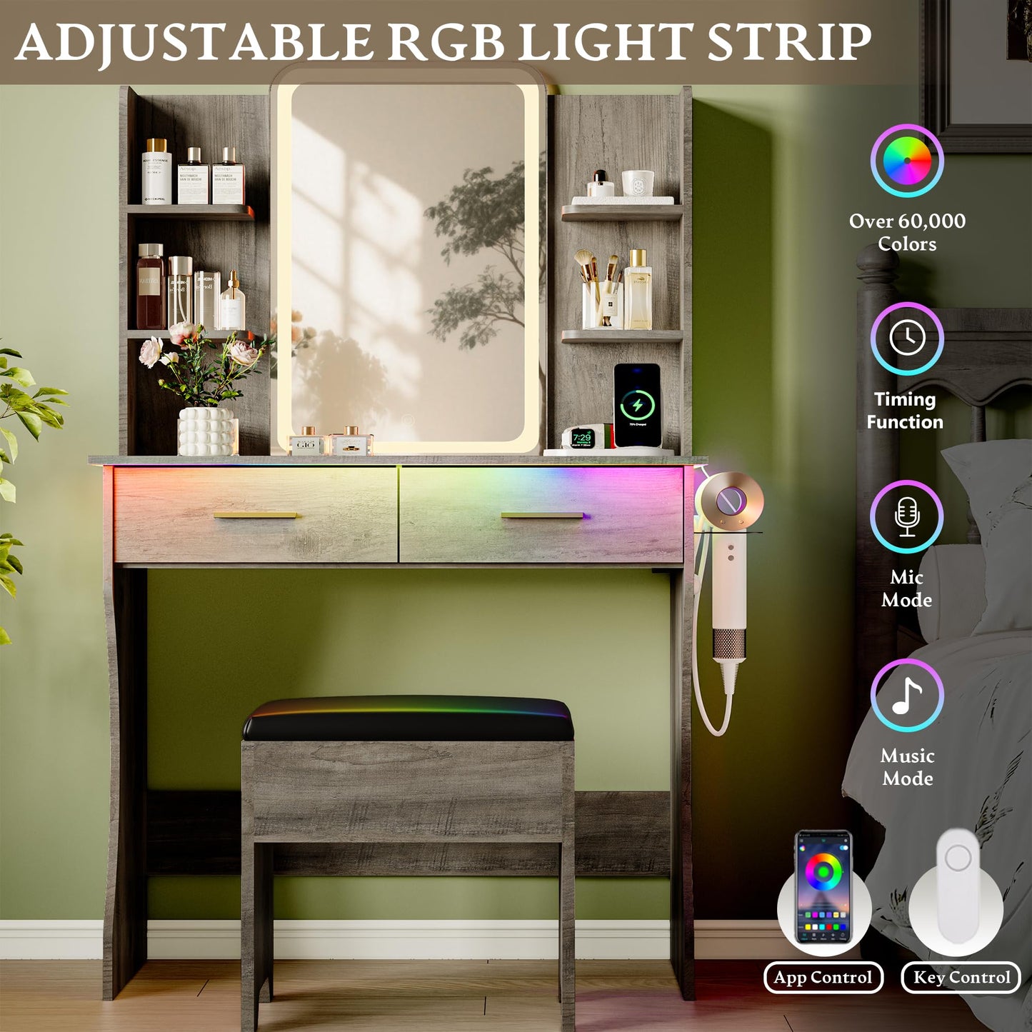 Gray Makeup Vanity Desk with Mirror and Lights, Wood Vanity Table Set with Power Outlet, Dressing Table with 2 Drawer & 4 Storage Shelves, Adjustable RGB Lighting, Includes Chair for Girl’s Bedroom
