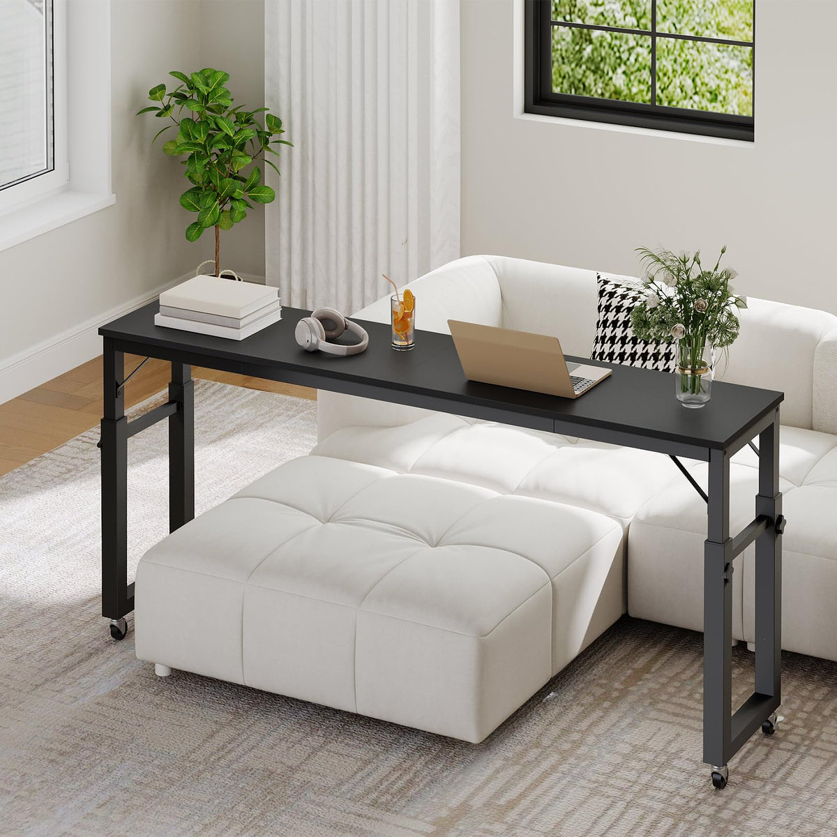 MAHANCRIS Overbed Table with Wheels, Queen Size Mobile Bed Desk with Adjustable Height, Rolling Table, Dining Table, Computer Desk, for Bedroom, Living Room, Office, Black MTBK18001