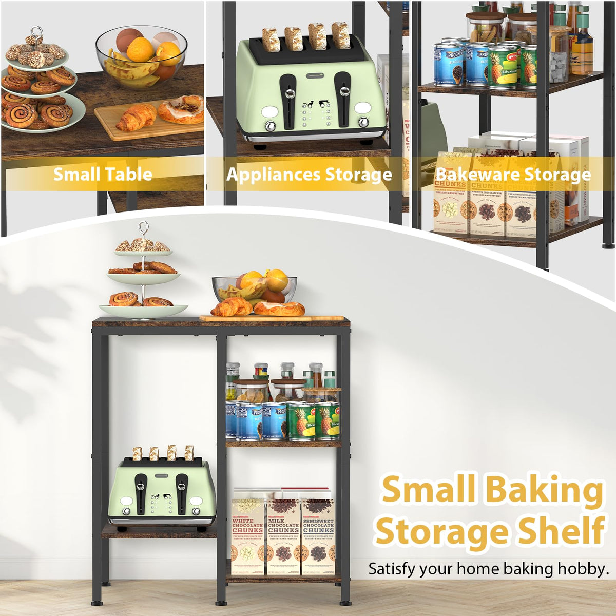 OGEMXU Kitchen Microwave Stand,4-Tier Adjustable Bakers Rack,Multi-Purpose Kitchen Storage Cart for Coffee Station,Space-Saving Metal Appliance Shelf for Living Room,Rustic Brown