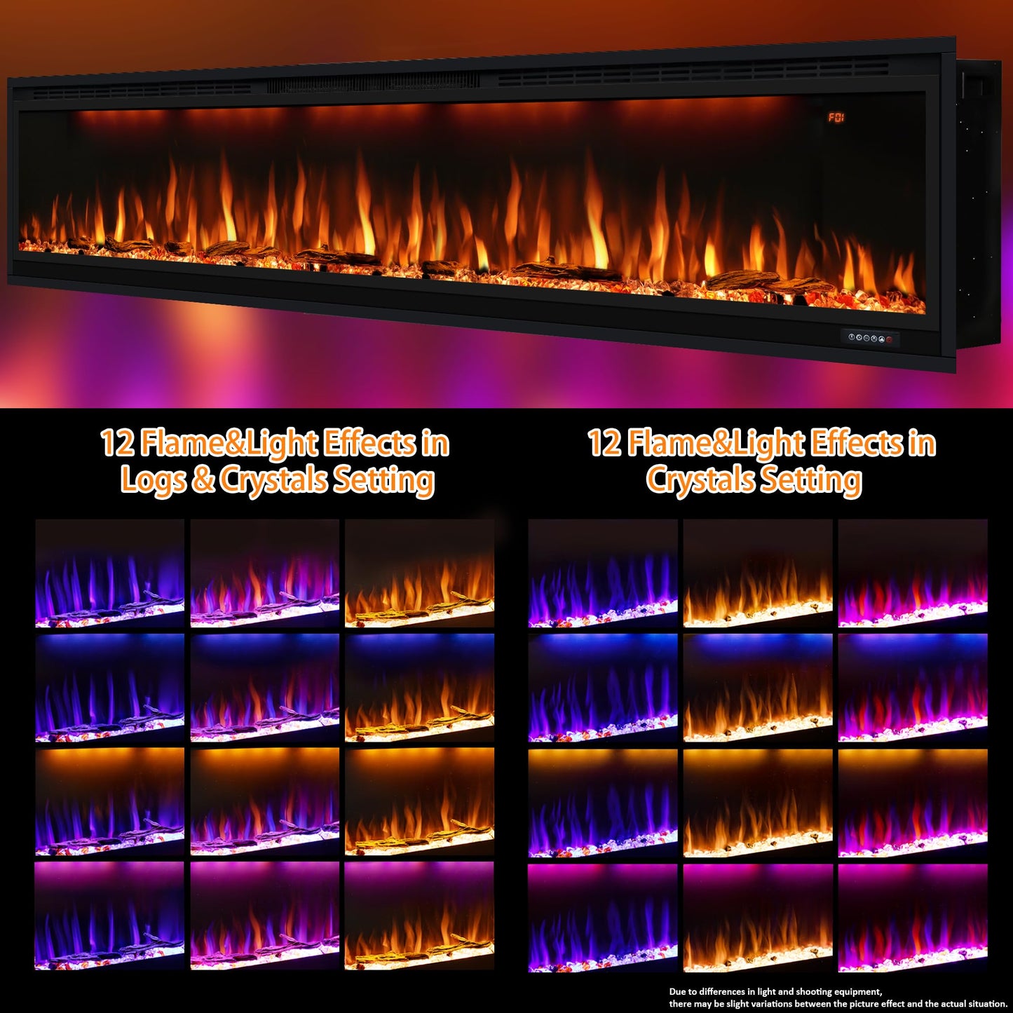 84 inch Smart Electric Fireplaces with App Control, Slim Recessed and Wall Mounted Fireplace Heater for Living Room, Multicolor Flame, Overheating Protection, WiFi-Enabled, Timer, 1500W, Black