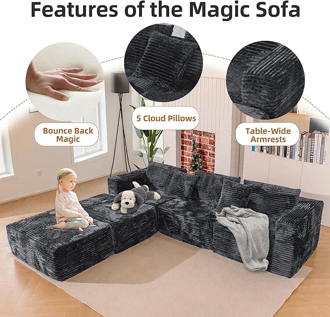 110 Modular Sectional Boneless Sofa with 2 Ottomans, Corduroy U-Shaped Modular Sectional Sofa, Convertible Cloud Couch with Deep Seats, No Assembly Required (Grey, 110" 3Seat+2 0ttoman)