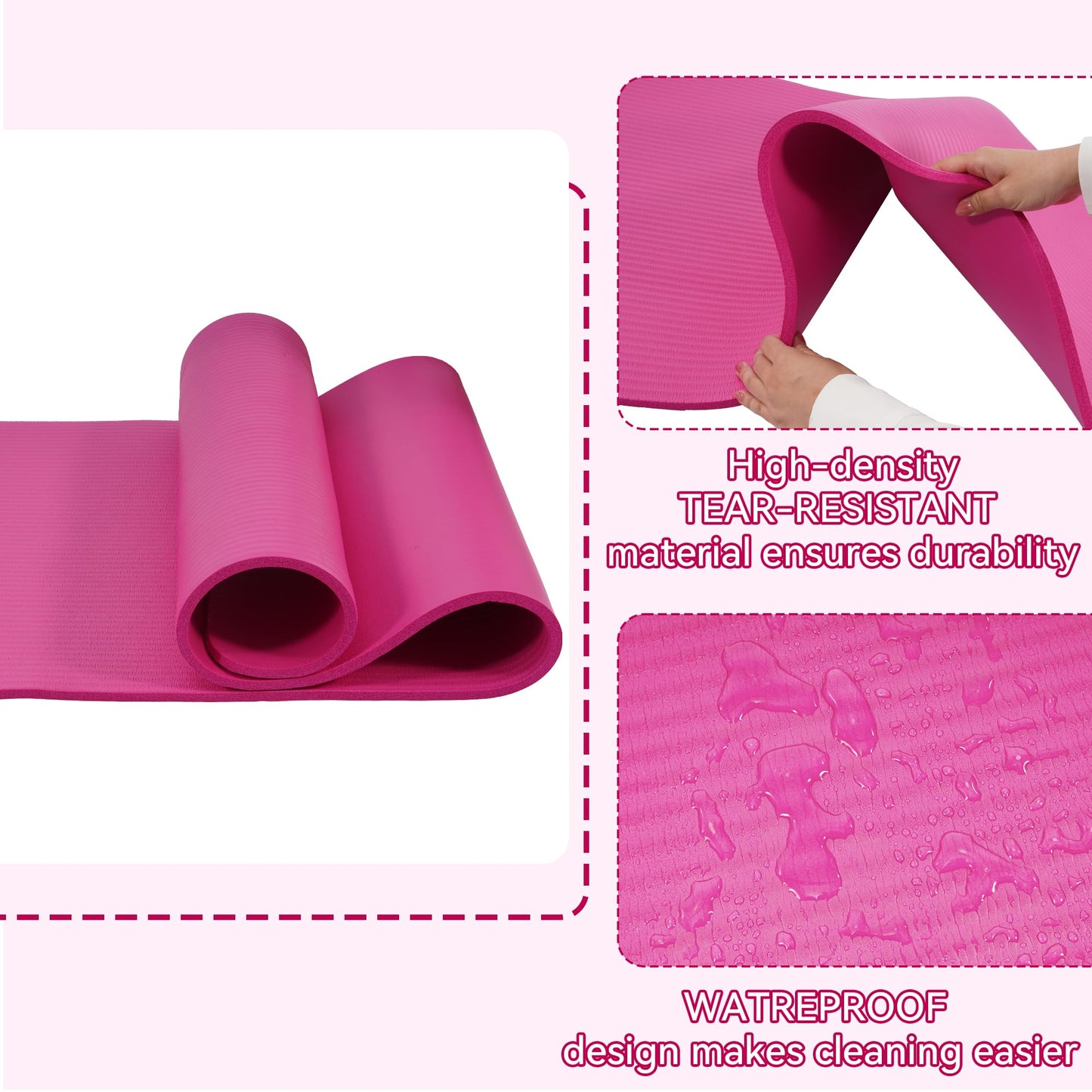 Fitvids 1/2-Inch Thick High Density Foam Exercise Yoga Mat with Carrying Strap, For Cushioning The Body Against Hard Floors, Pink
