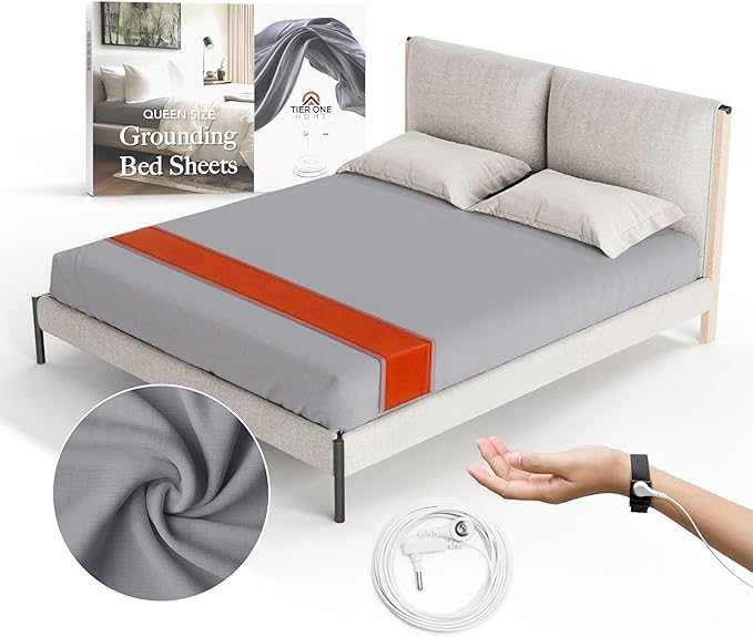 Tier One Home Fitted Grounding Sheets for Earthing, 5% Silver Fiber + 95% Certified Organic Cotton for Better Sleep and Pain Relief. Deep Pockets. Includes Grounding Wristband & Cords (Queen)